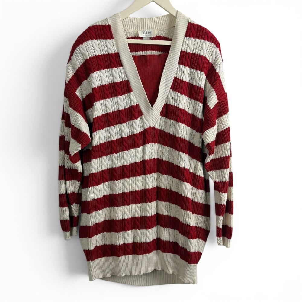 VTG 80s Womens Red White Striped Oversized XL Sweater with Shoulder Pads V Neck